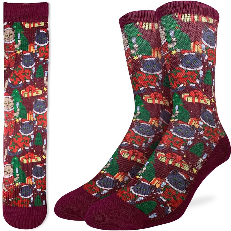 Good Luck Sock Men's Christmas Cats Socks, Adult, Shoe Size 8-13 - Image 1